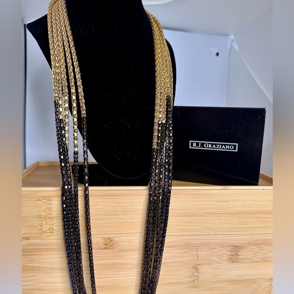 New RJ GRAZIANO Gold & Copper Toned Ombré Mutlistrand Statement Necklace; 38”